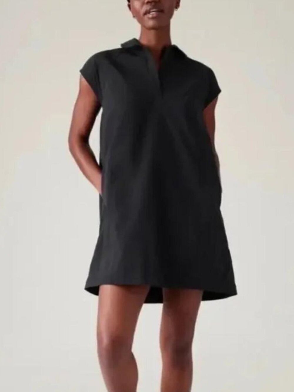 Athleta Black Performance Poplin Dress black oversized A-line UPF 50 stretch L